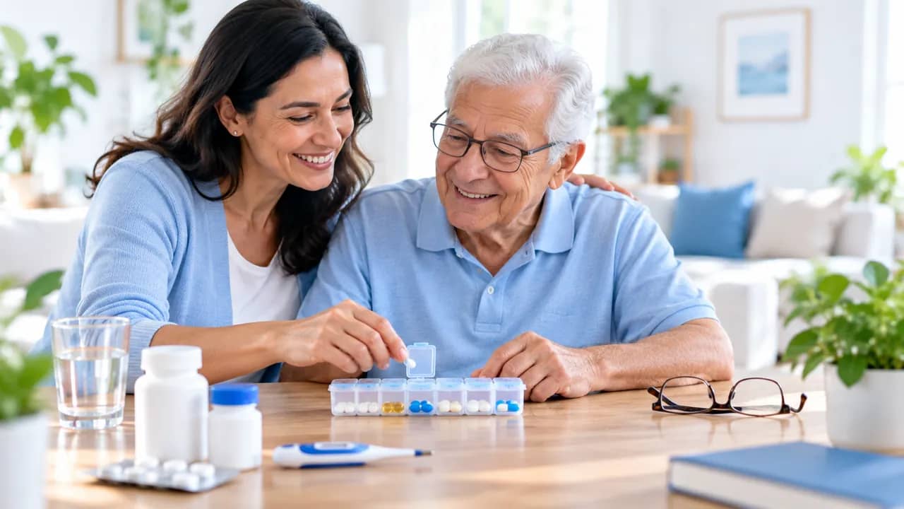 Family member helping an older adult organize care products