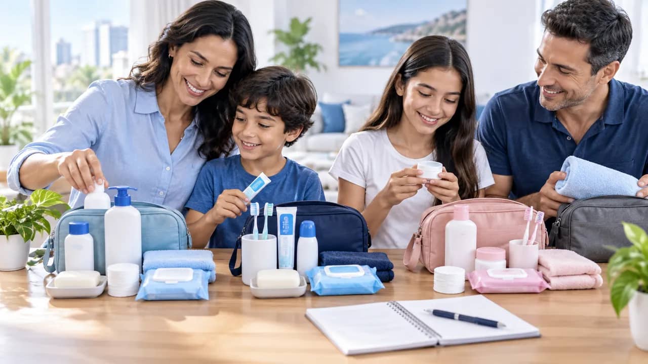 Family organizing hygiene products for several people