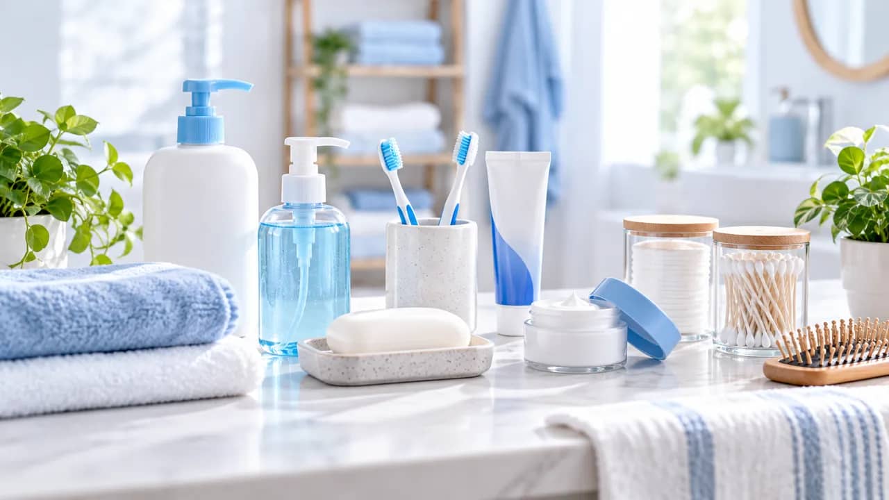 Personal hygiene and care products arranged in a bathroom